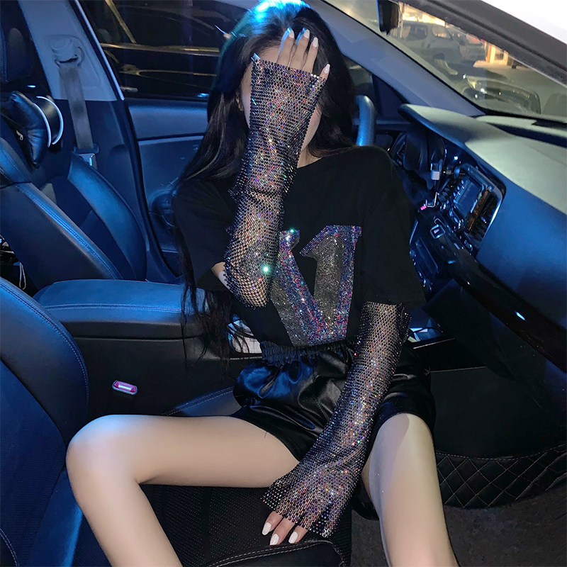 202,200 Hitch Fashion Fashion Hot drill short sleeve T-shirt women's tennis red ins overfire boarder with long version half sleeve blouse summer