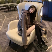 Fashion coat womens tide autumn and winter New plus velvet padded medium long hooded sweater lazy wind jacket loose Korean version