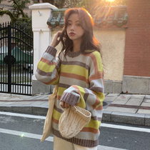 Striped sweater women loose outside wear 2021 new autumn and winter pullover lazy wind ins tide inside with bottoming sweater