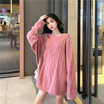 Net red pink twist sweater women loose outside wear 2021 new autumn and winter long pullover