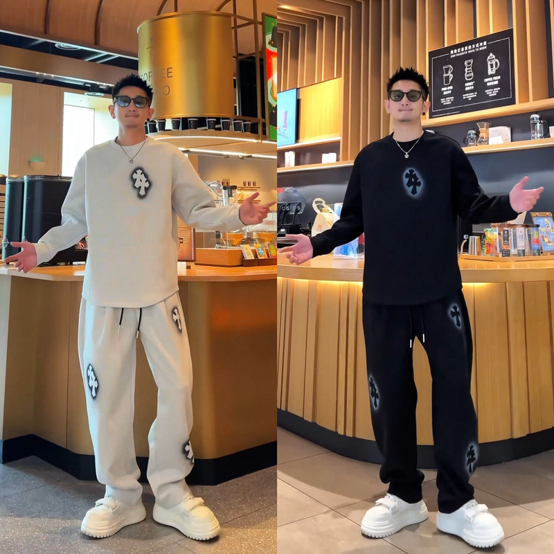 Trendy Tie-Dye Cross Pattern Sweatshirt and Sweatpants Set for Men, New Autumn Versatile Design, Couple Two-Piece Set