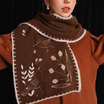 Kamo Original Vintage Forest Style Embroidered Scarf, Thick, Soft, Skin-Friendly Shawl, Warm, Classic Dark Brown Gift