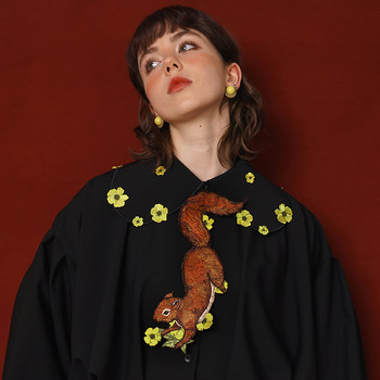 Kamo Original Vintage Embroidered No-Knot Tie with Squirrel and Flower Accessories, Floral Fairy Niche Bow Tie Gift