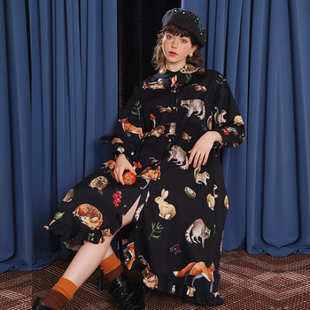 Kamo Original Classical Art Style Spring and Summer Dress with Petal Collar, Vintage Illustration Animal Print, Long Waist-Cinching Dress