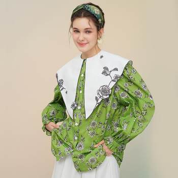 Kamo Original Green Rose French Retro Print Shirt with Large Lapel, Versatile Design Shirt for Women