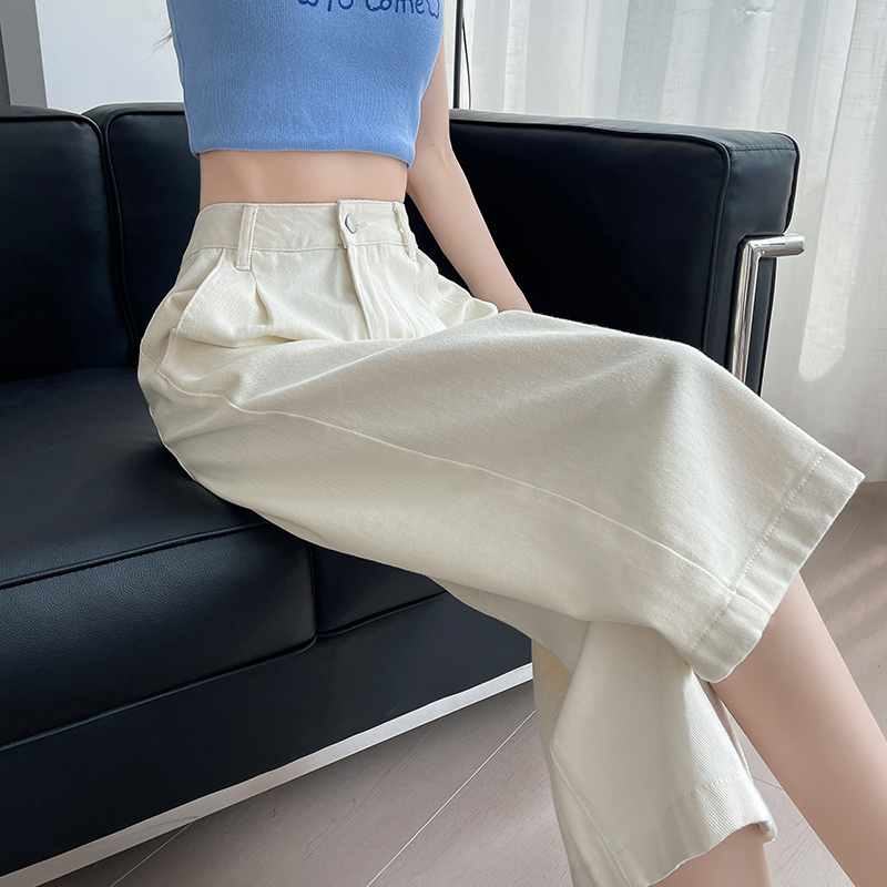 Seven-Point Wide-Leg Jeans 2026 New Style Women's Summer Thin Loose Straight-Leg Petite Off-White Cropped Pants