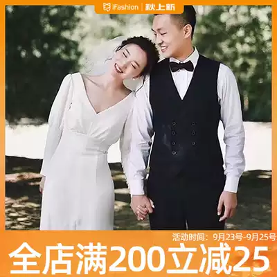 White evening dress deep V collar 2021 New banquet ball temperament little dress retro light wedding engagement dress