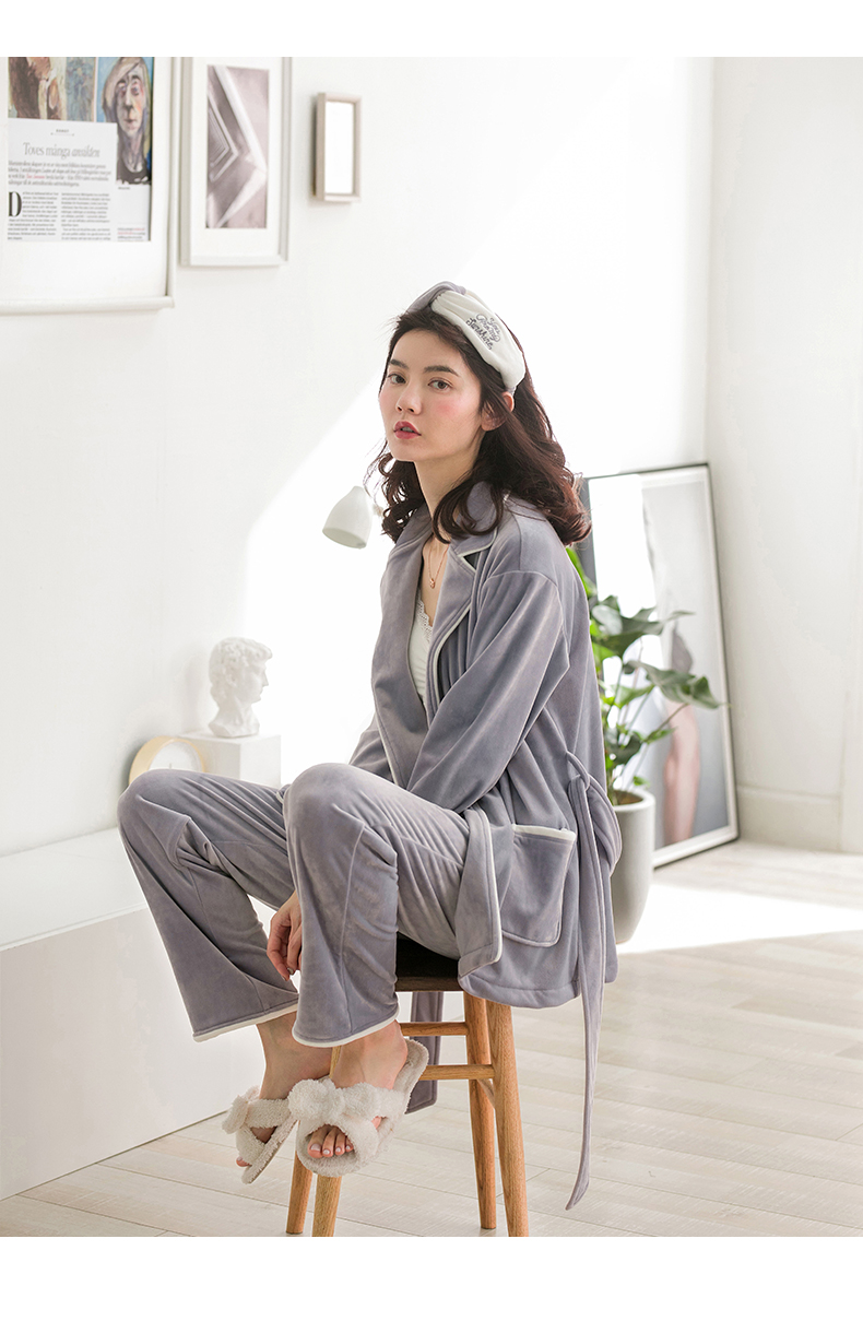 Jing Yun mùa đông đồ ngủ nữ đảo nhung dài tay ấm áp dịch vụ nhà áo ve áo cardigan tie nhà thiết lập mùa thu bộ pijama