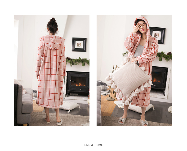 Jing vần san hô nhung áo choàng nữ mùa đông ấm san hô nhung dài lỏng áo choàng trùm đầu thời trang đồ ngủ lưới - Night Robe áo choàng lụa dài tay cho nam