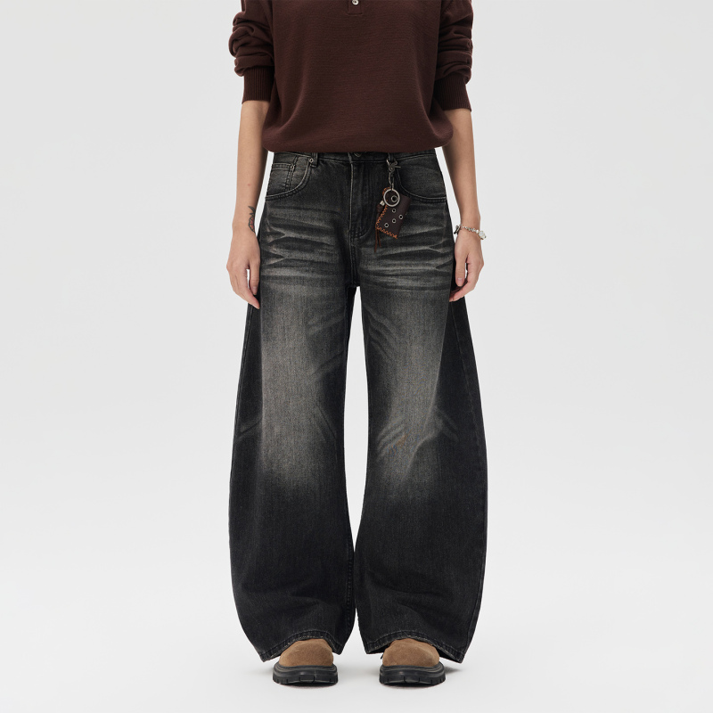 Jiinoo American-Style Whiskered Washed Vintage Jeans for Men, Loose Fit, Retro Design, Scimitar Wide-Leg Long Pants