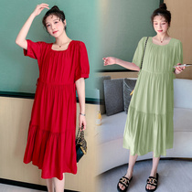 Pregnant Woman Summer Clothing Dress Dress 2022 New Korean Version Fashion Square Collar Superior Sensian Woman Spicy Mother Snowspun Breastfeeding Skirt