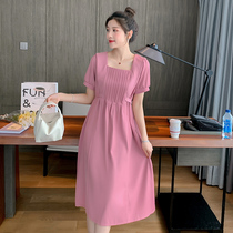 Pregnant woman summer dress dress dress 2022 new Korean version square collar French style lacing pregnancy Fashion medium long pregnant woman dress