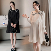 Pregnant Woman Spring Dress Dress Dress Dress 2022 New Korean Version Loose Veil not to be Fashionable Doll Collar 100 Pleats Long Dress