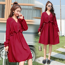 Pregnant Woman Spring Dress Dress Dress Dress 2022 New Boomer Fashion Net Red V Collar Red Out For Underfared Dress