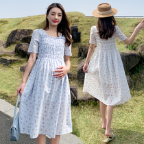 Pregnancy maternity dress Summer dress 2022 New Korean version of the square collar Crushed Flowers long dress Small and clear new style retro dress