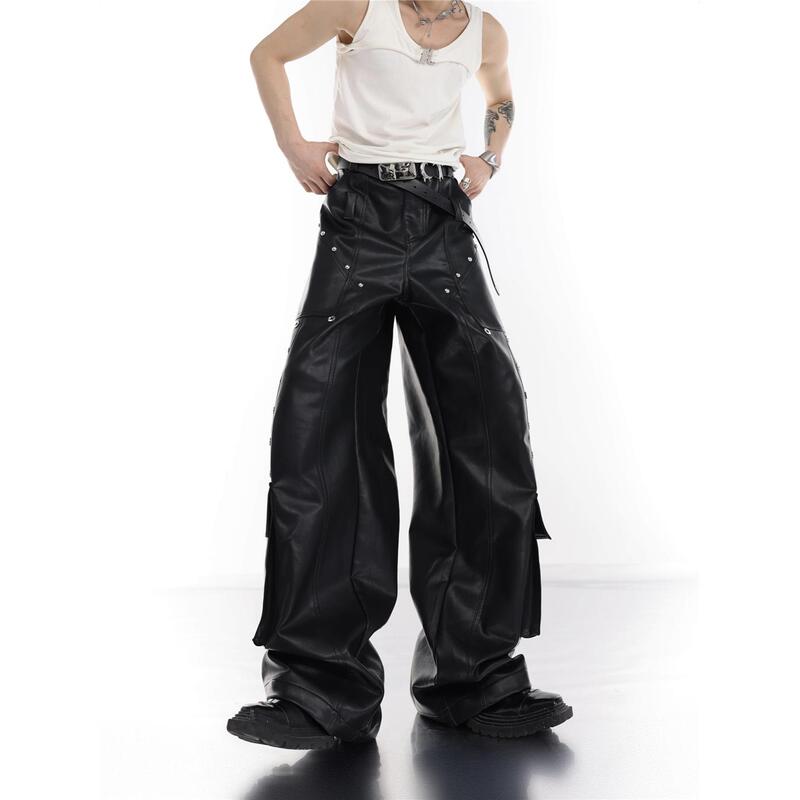 American Retro Biker-Style Multi-Pocket Pu Leather Pants for Men and Women, Spring and Autumn Niche Design Versatile Casual Straight-Leg Pants American Retro Biker-Style Multi-Pocket Pu Leather Pants for Men and Women, Spring and Autumn Niche Design Versatile Casual Straight-Leg Pants