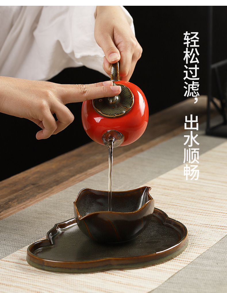 Mud seal kung fu tea set suit household contracted ceramic cups with small tea tray was creative persimmon sends the teapot