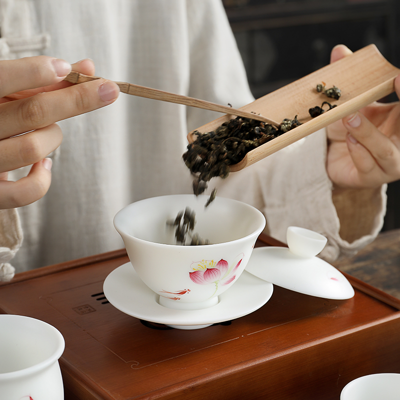 The Lotus mud seal kung fu tea set suit household contracted hand - made ceramic cups dehua white porcelain Chinese white gift boxes