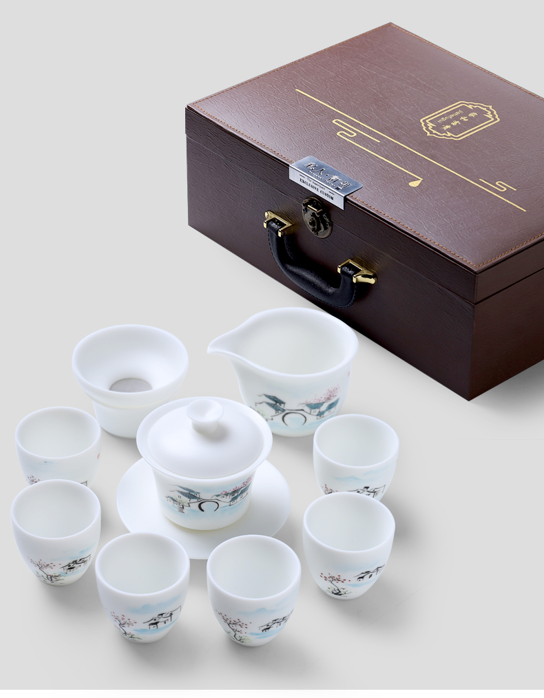 Jiangnan water mud seal kung fu tea set home sitting room hand - made dehua white porcelain teacup Chinese white gift boxes