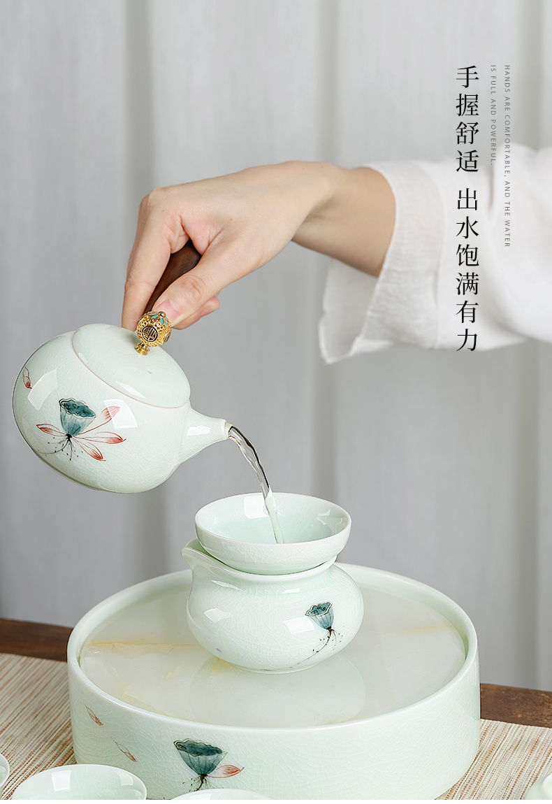 Mud seal side of kung fu tea set household green glaze lotus teapot hand - made small dry tea plate ceramic cups