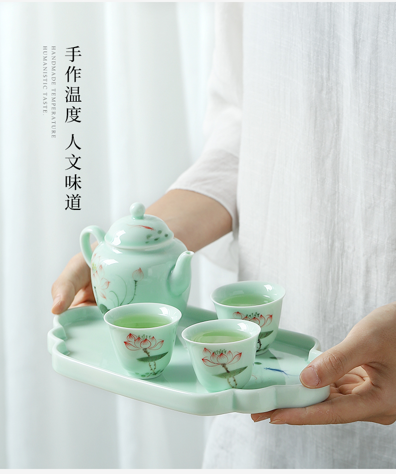 Mud seal celadon kung fu tea set simple hand - made travel all - in portable blister tray caddy fixings ceramic teapot