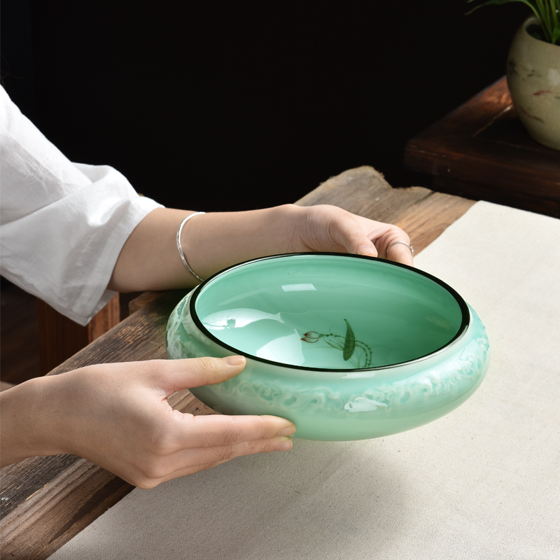 Longquan celadon hand - made mud seal large tea to wash to the writing brush washer for wash basin of wash water jar ceramic household kung fu tea accessories