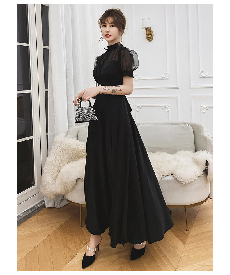 オケージョン ドレス シアー切替ハイネック半袖ロング丈ワンピース