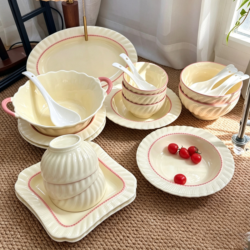 Cream-Style Dinnerware Set with Underglaze Color, Household Ceramic Bowl and Plate Set, High Aesthetic Value, 2026 New Design, Suitable for Housewarming Cream-Style Dinnerware Set with Underglaze Color, Household Ceramic Bowl and Plate Set, High Aesthetic Value, 2026 New Design, Suitable for Housewarming