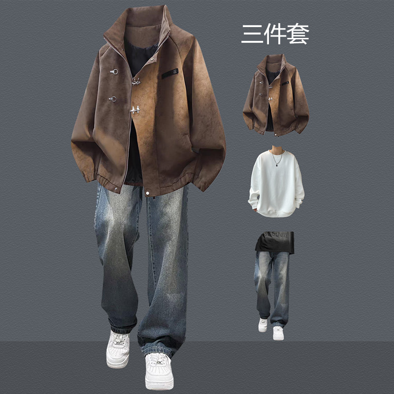 Metal Buckle Leather Jacket Men's Autumn and Winter Outfit American Style Trendy Brand Loose Three-Piece Set Thickened Warm Jacket Outfit Metal Buckle Leather Jacket Men's Autumn and Winter Outfit American Style Trendy Brand Loose Three-Piece Set Thickened Warm Jacket Outfit