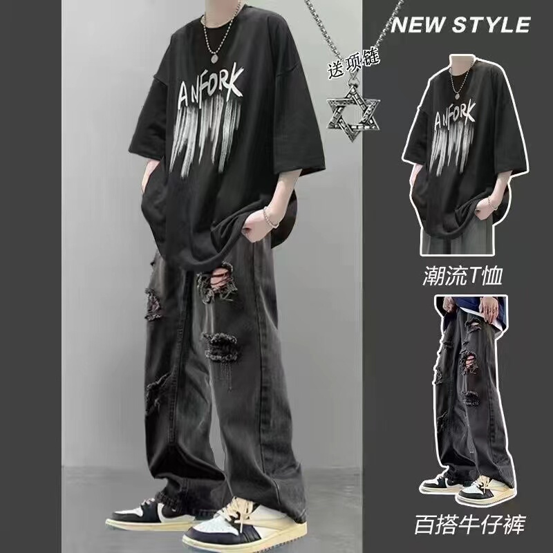 Summer Short-Sleeved T-Shirt Set for Men, Stylish and Versatile, Trendy Outfit with Ripped Jeans, Student Three-Piece Set Summer Short-Sleeved T-Shirt Set for Men, Stylish and Versatile, Trendy Outfit with Ripped Jeans, Student Three-Piece Set