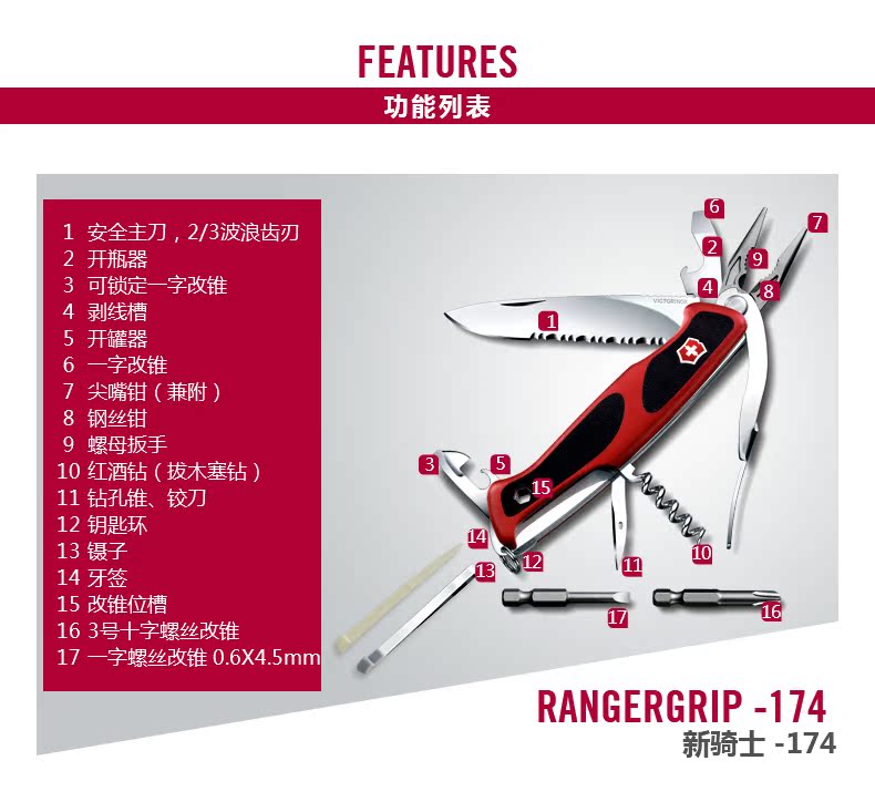 Dao quân đội Thụy Sĩ Victorinox Chính hãng New Knight -174 Dao Thụy Sĩ 130mm Trung sĩ cắt đa năng ngoài trời dao quân đội Thụy Sĩ