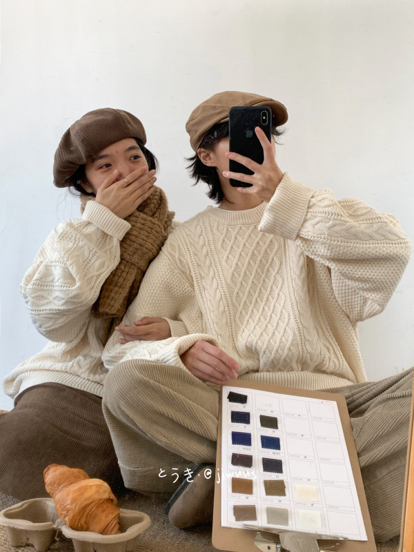 Jiwuus Winter Japanese Retro White Fluffy Cable Knit Crew Neck Sweater for Men and Women Couple Wear Knitwear Jiwuus Winter Japanese Retro White Fluffy Cable Knit Crew Neck Sweater for Men and Women Couple Wear Knitwear