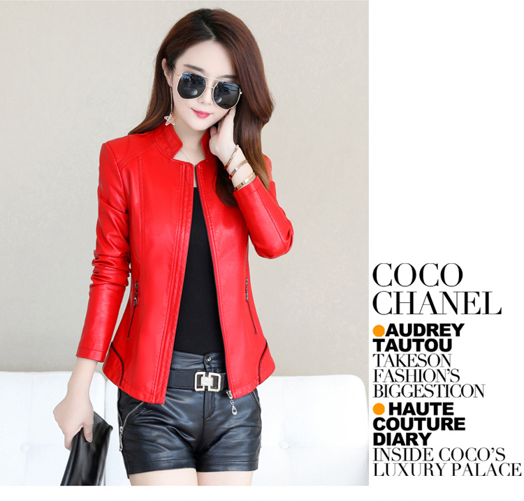 Mùa xuân và mùa thu 2018 Áo khoác da nữ mới ngắn Slim Thin Hàn Quốc Kích thước lớn Nữ đứng cổ áo khoác da áo da
