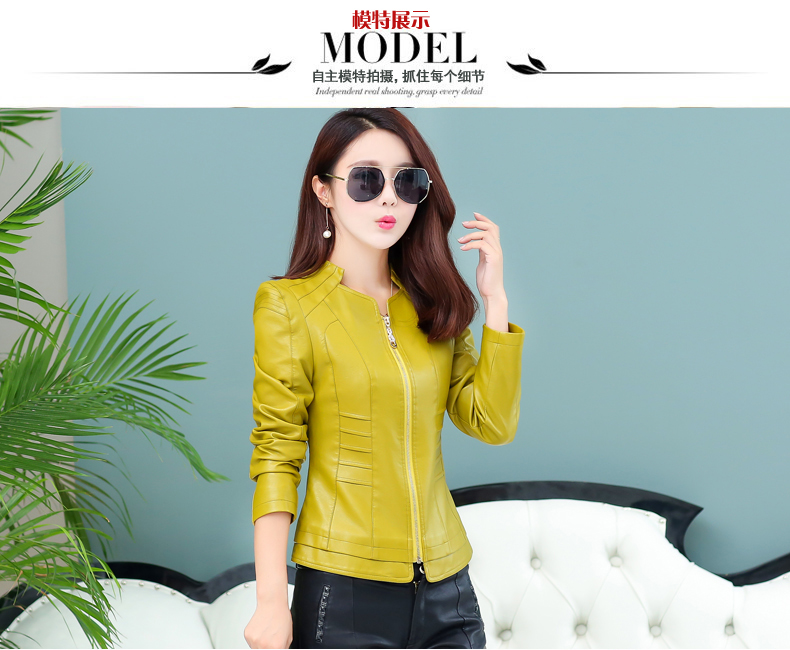 Mùa xuân và Mùa Thu Mới Haining Da Phụ Nữ Ngắn Hàn Quốc Slim Áo Khoác Mỏng Kích Thước Lớn của Phụ Nữ Đứng Cổ Áo của Phụ Nữ Áo Khoác Da áo da trắng