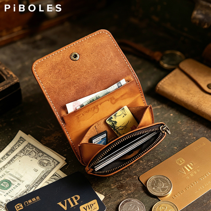 Handmade Genuine Leather Mini Vintage Wallet for Men and Women, First-Layer Cowhide Coin and Card Holder, Earphone and Coin Storage Pouch, Trendy