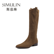 Западные Boots 美式复古西部牛仔靴美拉德穿搭磨砂堆堆靴方头拉链粗跟高筒长靴女 Simulin