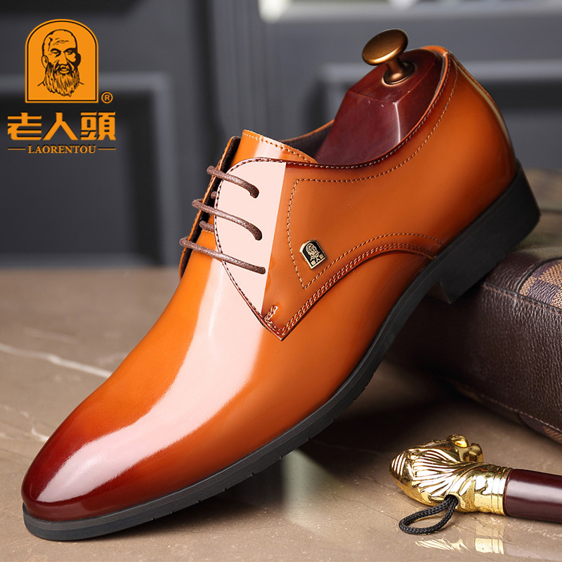 Old Man's Head official store Men's Genuine Leather Autumn Business Formal Shoes Breathable Lace-Up Pointed Patent Leather Men's Wedding Shoes