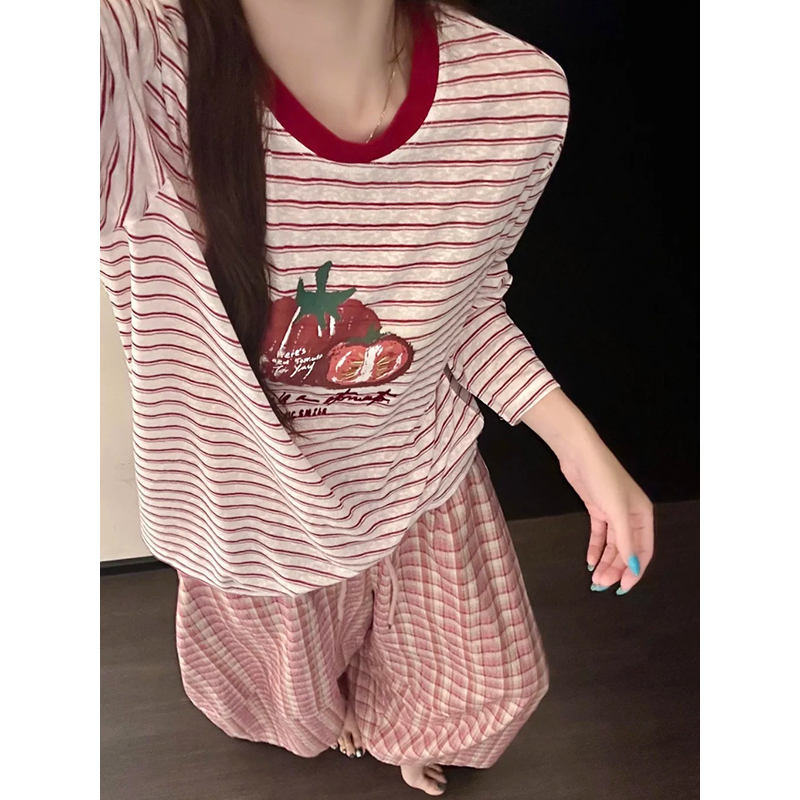 Dai Pamei Red Striped Tomato Print Pure Cotton Pajamas for Women, Round Neck, Long Sleeves, Pink Plaid Long Pants, Can Be Worn Outside, Women's Pajamas