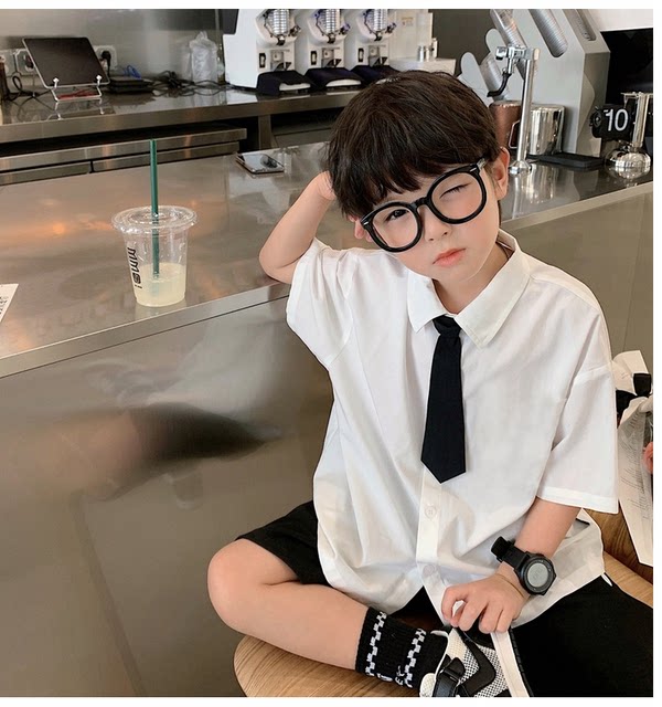 Boys college style suit spring and summer 2024 new handsome baby black and white tie shirt two-piece trendy dress