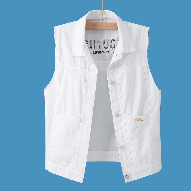 Can Be Worn in All Seasons for Men and Women, Autumn and Winter Korean Style Loose Vest Top Embroidered White Denim Vest Short Jacket
