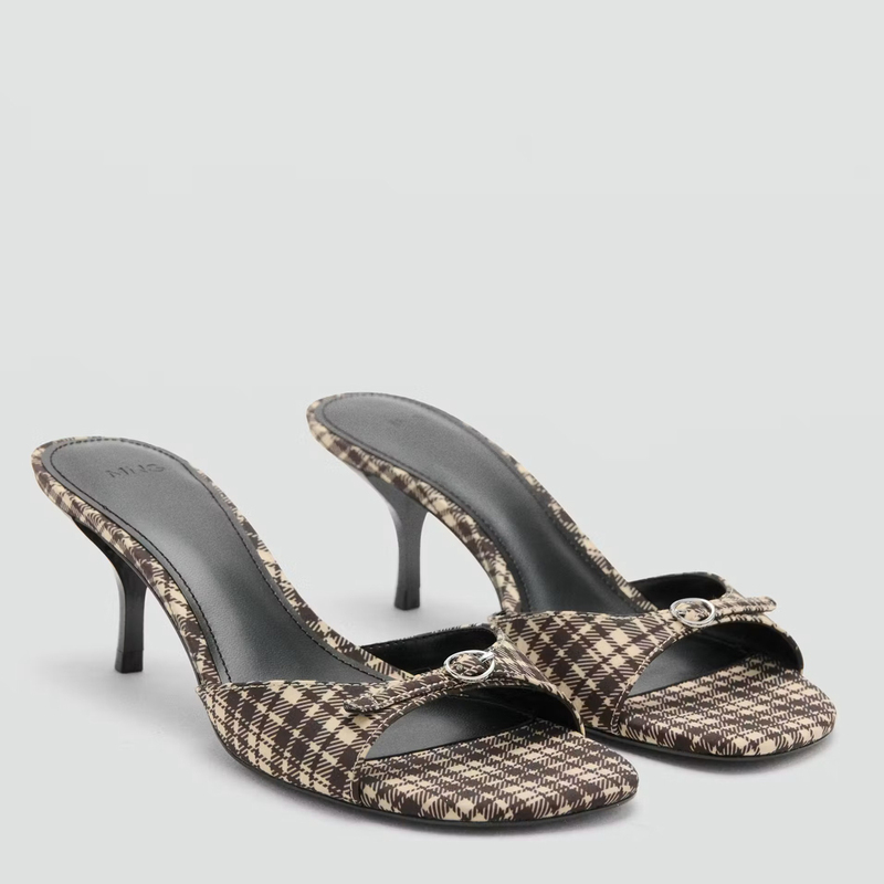 Mango Plaid Pattern Stiletto High-Heeled Sandals for Women with Metal Buckle Decoration, Summer Square Toe Open-Toe Fashion Shoes and Slippers