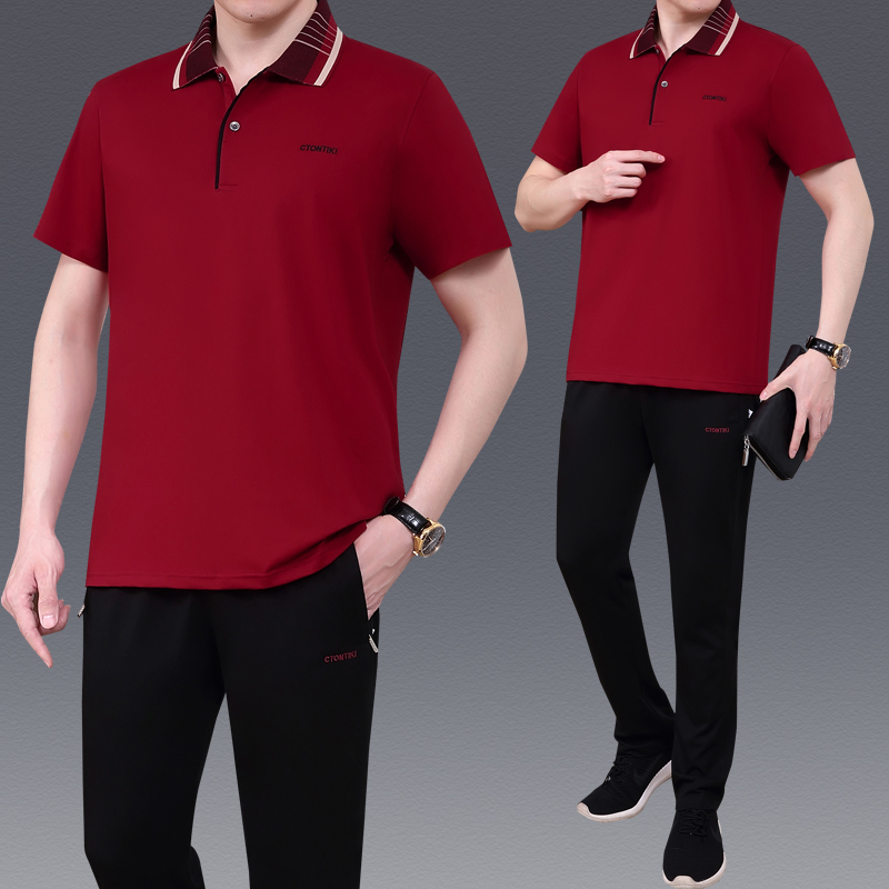 Summer Season Middle-Aged and Elderly Men's Cotton Short-Sleeved Long Pants Plus Size Business Casual Running Sportswear Suit