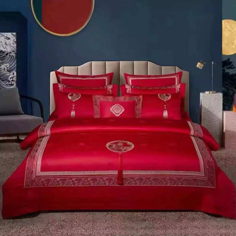 Luxurious 140S Xinjiang Long-Staple Cotton All-Cotton Wedding Four-Piece Set, Six-Piece Set, Ten-Piece Set, Chinese-Style Embroidery, Bright Red Bedding