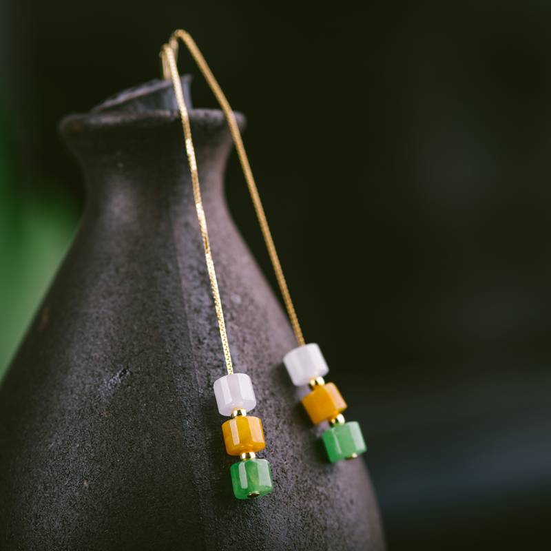 Xi Zhan Xuan Earrings Long style Flow Su emerald silver plated 18K gold earthen wire ear chain explicit face lean senior sense light extravagant-Taobao