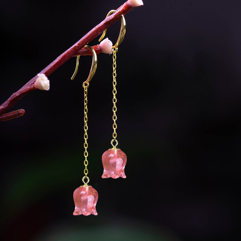 S925 Silver - wind bell flower Su simple Korean temperament long earrings earrings ear crash Austrian crystal antique style super - fairy