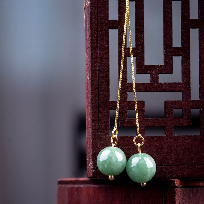 Natural emerald green ethnic style round bead earrings jade earrings S925 sterling silver earrings long version simple temperament with certificate