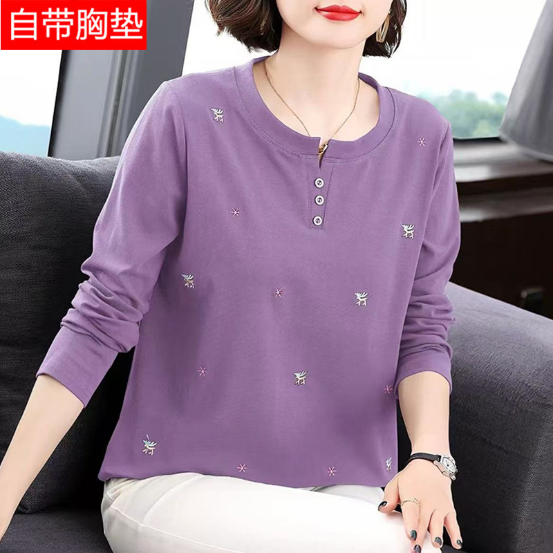 Women's Cotton Long-Sleeve T-Shirt with Chest Pads, Suitable for Mothers, Outerwear, Autumn Wear, Loose-Fitting Base Shirt for Middle-Aged and Elderly, All-Cotton T-Shirt Women's Cotton Long-Sleeve T-Shirt with Chest Pads, Suitable for Mothers, Outerwear, Autumn Wear, Loose-Fitting Base Shirt for Middle-Aged and Elderly, All-Cotton T-Shirt