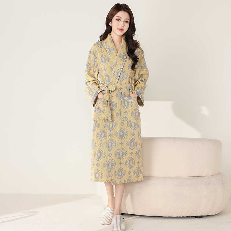 Pure Cotton Double-Layer Gauze Bathrobe Spring and Summer Hotel Couple's Nightgown Home Wear Pajamas Belt Style Bathrobe Loose Version