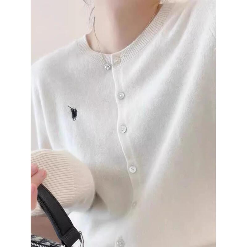 Pony Logo Spring and Autumn Style 100% Pure Wool Cardigan Round Neck Cashmere Knitwear Women's Versatile Solid Color Sweater Coat
