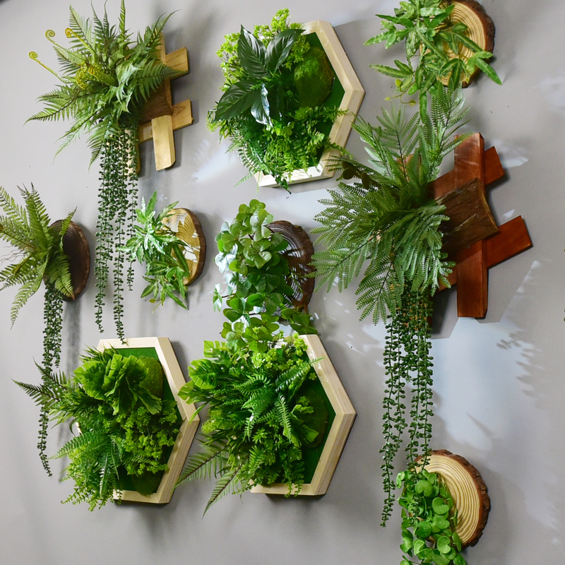 New Six-Sided Artificial Plant Decorative Wall Hanging Nordic Green Plant Solid Wood Frame Wall Decoration Living Room Dining Room Background Wall Three-Dimensional